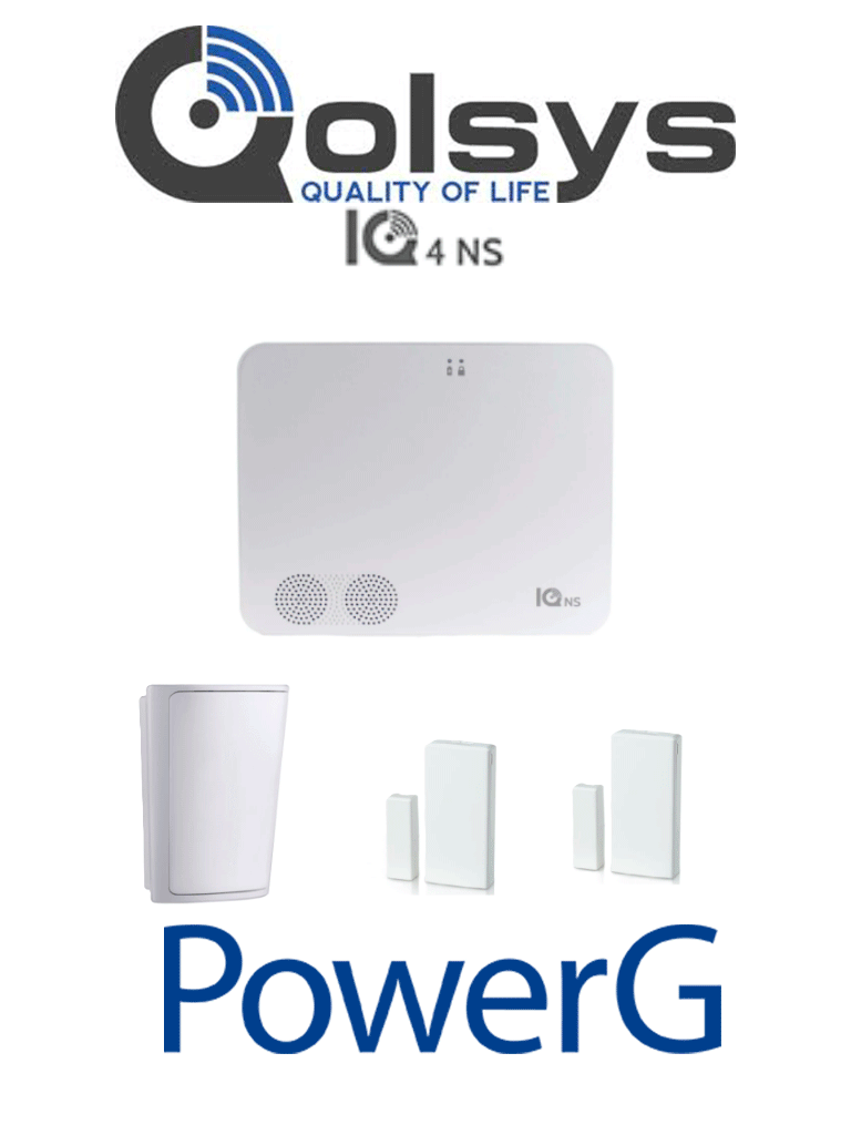 Imagen de QOLSYS IQNS PACK - Paquete que contiene Sistema de Alarma IQ NS autocontenido sin pantalla, Power G 915 Mhz  1 sensor PIR inalámbrico PG9914 y 2 sensores magnéticos inalámbricos PG9303