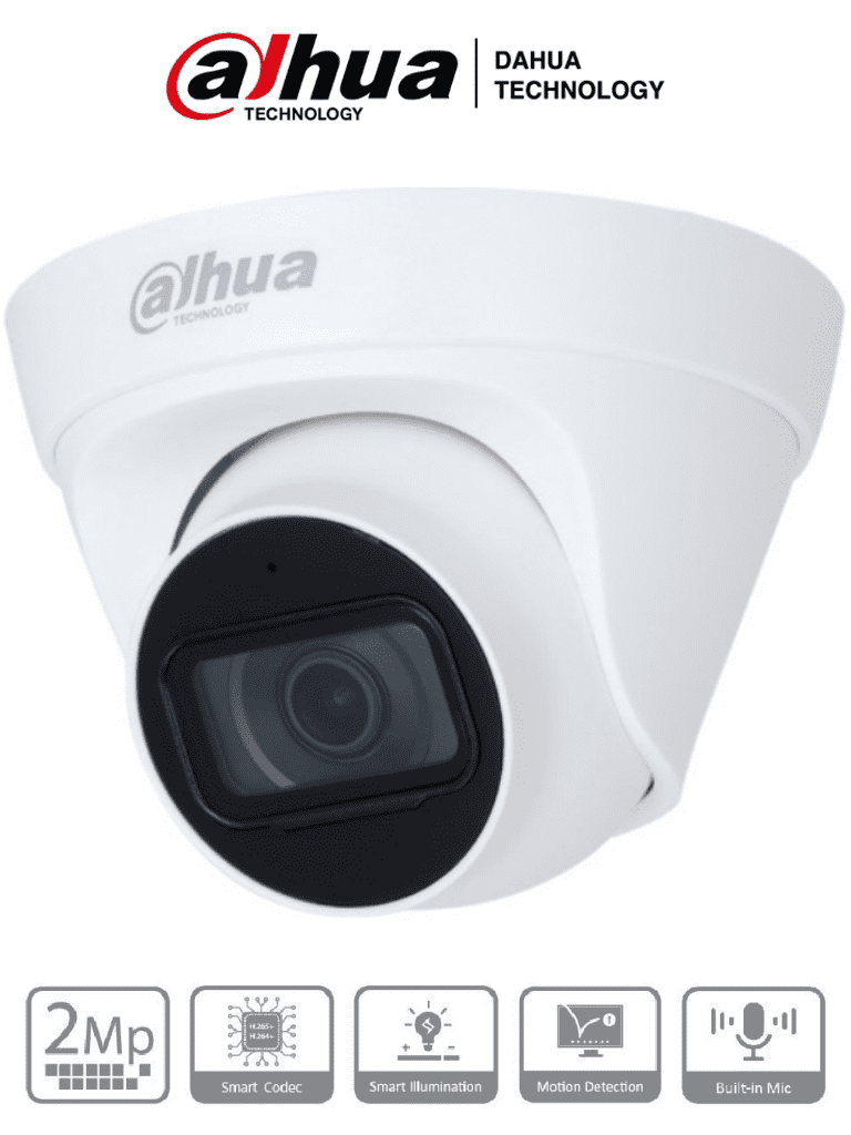 Imagen de DAHUA IPC-HDW1230T1-A-S5-Cámara IP Domo 2MP con lente de 2.8 mm, ángulo de visión de 102 grados, micrófono integrado, IR de 30m, IP67, PoE, DWDR.