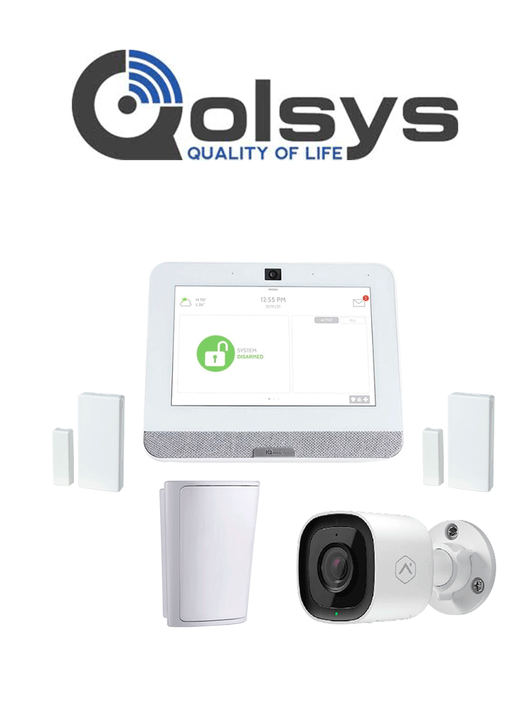 Imagen de QOLSYS IQ4 Video Premium - Paquete que contiene Sistema de Alarma IQ 4 POWER G ONLY , con pantalla táctil de 7", Power G 915 Mhz  1 sensor PIR inalámbrico PG9914, 2 sensores magnéticos inalámbricos PG9303 y Cámara exterior alarm.com ADCV724