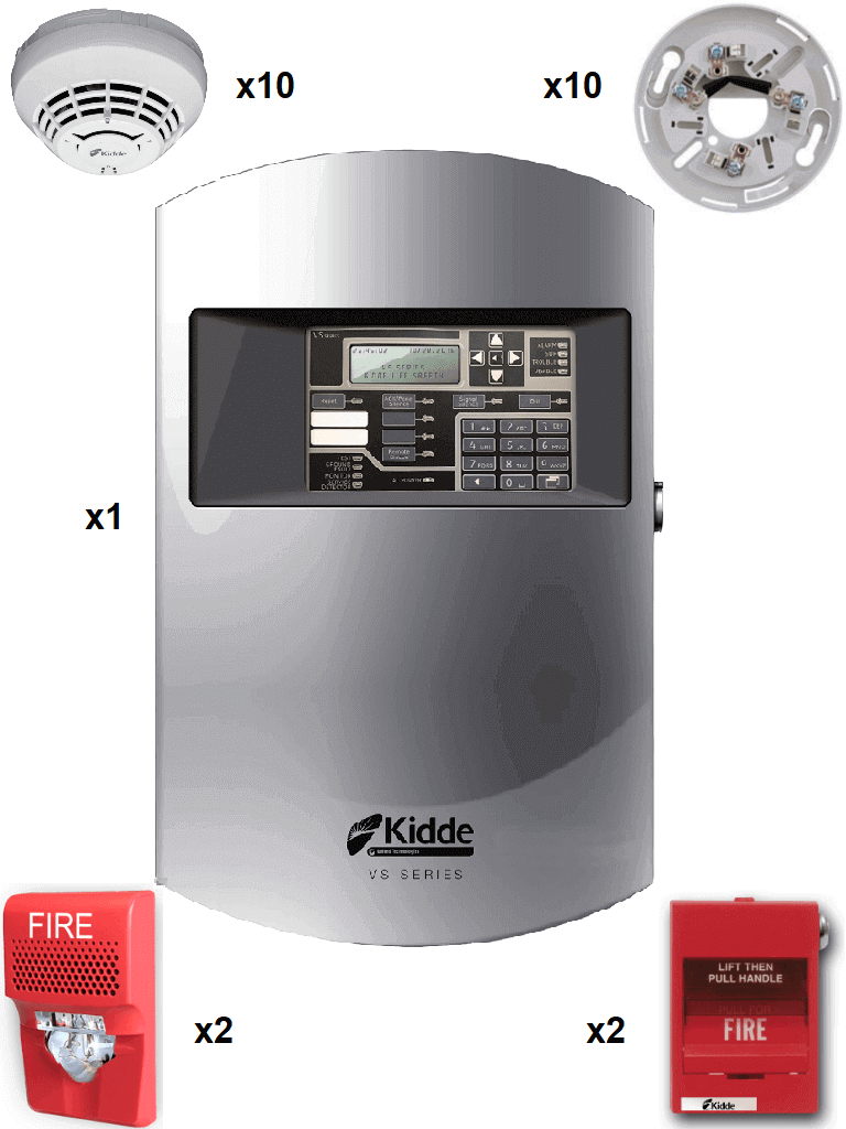 Imagen de KIDDE F_VS1GSPKIT10 - Panel 64 Dispositivos Direccionables / 10 Detectores de Humo con Bases / 2 Estaciones Manuales / 2 Sirena con Estrobo