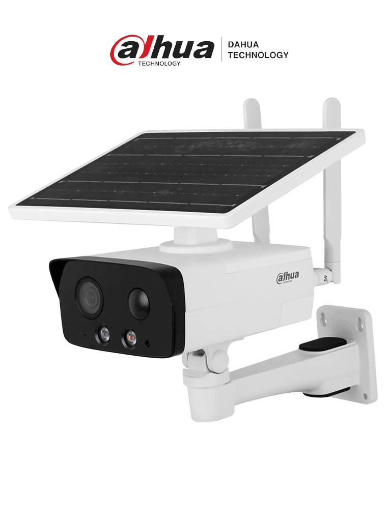 Imagen de DAHUA DH-IPC-HFW2431DG-4G-SP-LA-B Cámara IP bullet 4G con panel solar y batería, resolución 4MP. Disuasión activa, IR hasta 50 m, luz cálida 30 m. Incluye ranura para Micro SD, audio bidireccional, Starlight, H.265, IP67.