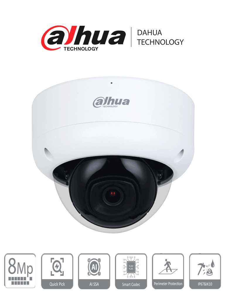 Imagen de DAHUA DH-IPC-HDBW3841E-AS-S2 - Camara IP Domo Antivandalica 4k/ 8 Megapixeles/ WizSense/  Lente de 2.8 mm/ 107°/ Microfono integrado/ IR 30m / SMD 4.0/ AI SSA/ Ranura MicroSD/ PoE/ IP67/ IK10/ E&S de Alarma y Audio