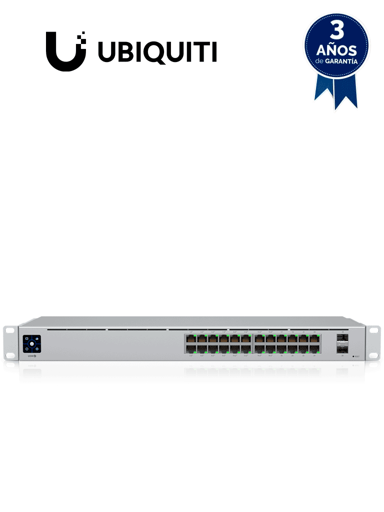 Imagen de UBIQUITI USW-24-POE UniFi Switch Gen2, Capa 2 de 24 puertos (16 PoE 802.3af/at + 8 Gigabit) + 2 puertos 1G SFP, con 95W de potencia y pantalla informativa.