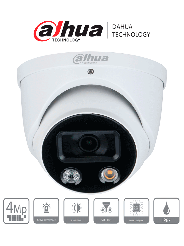 Imagen de DAHUA DH-IPC-HDW3449H-AS-PV - Camara IP Domo TiOC de 4 Megapixeles/ WizSense/ Lente de 2.8 mm/ Angulo de 101 Grados/ Iluminador Dual/ Sirena/ Estrobo Azul y Rojo/IR 30m/ SMD 4.0/ Microfono Integrado/ Ranura MicroSD/  IP67/ PoE/