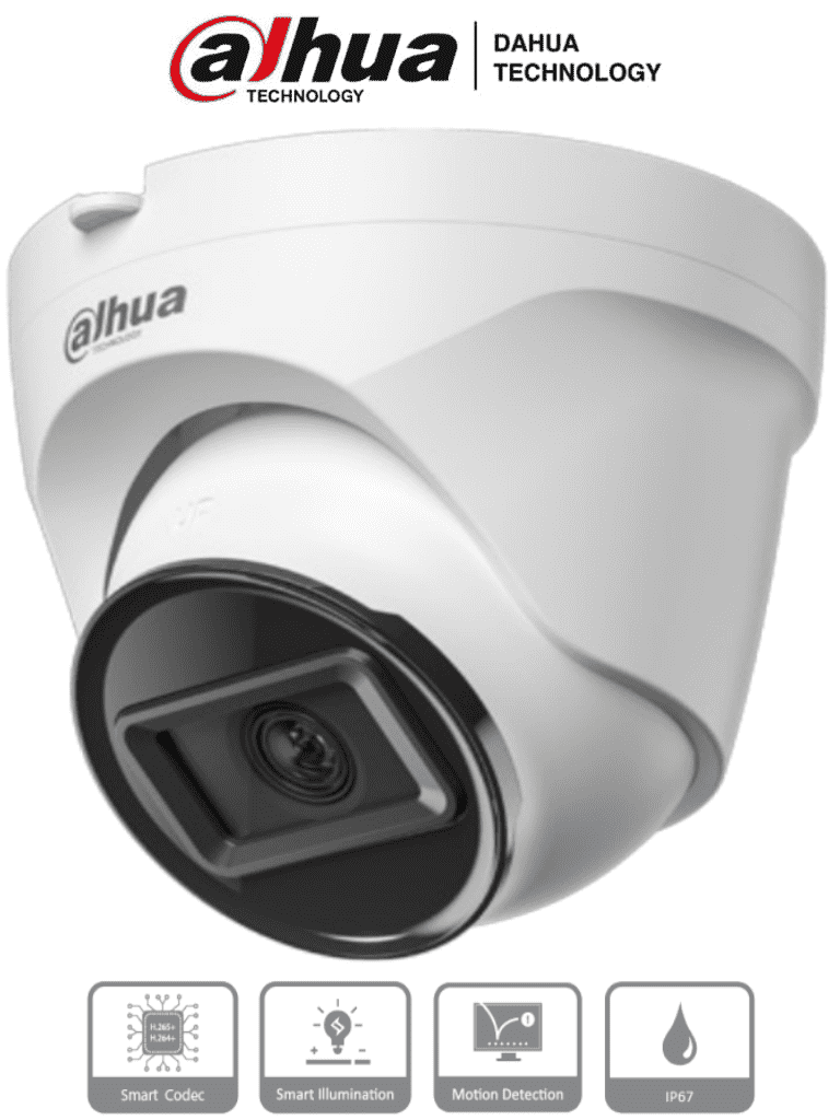 Imagen de DAHUA IPC-T1E20 -Camara IP Domo de 2 MP, lente de 2.8 mm y 99° de visión. Alcance IR de 30 m, protección IP67 y alimentación PoE. Funciones avanzadas: DWDR, 3D NR, HLC, BLC y compresión H.265+ Ideal para videovigilancia confiable