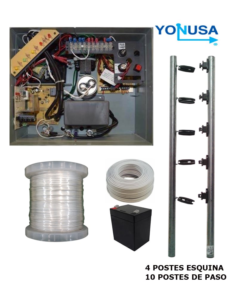 Imagen de YONUSA PAKEY10000127AF - Paquete de ENERGIZADOR de alta frecuencia ANTIPLANTAS 10 000V / Postes de paso / Postes esquina / Bobina de alambre / Cable bujia / Bateria