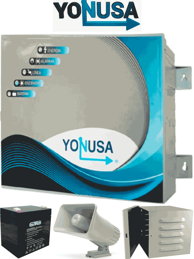 Imagen de YONUSA EY10000127AFBAT - Paquete de energizador anti plantas o alta frecuencia de 10,00V con hasta 10,000 mts lineales, incluye batería de respaldo de 12VDC a 4.5 AH, sirena de 30W y gabinete metálico