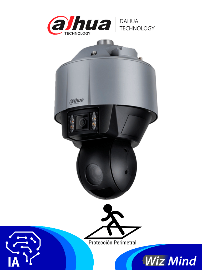 Imagen de DAHUA DH-SDT5X405-4F-QA Cámara PTZ Dual de 4MP con IA, WizMind y visión multivisión. Incluye lente panorámico de 6mm y zoom 10-50mm para detalles precisos, IR de 100m, y soporte para reconocimiento y captura de rostros.