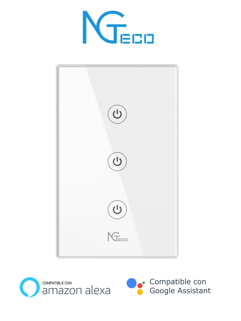 Imagen de NGTECO NGS103 - Apagador Inteligente WiFi 3 Botones Touch / Control Remoto vía App / Control por Voz / Temporizador / Panel Táctil de Alta Sensibilidad / WiFI 2.4 GHz / Se requiere Cable Neutro / Compatible con Alexa y Asistente de Google