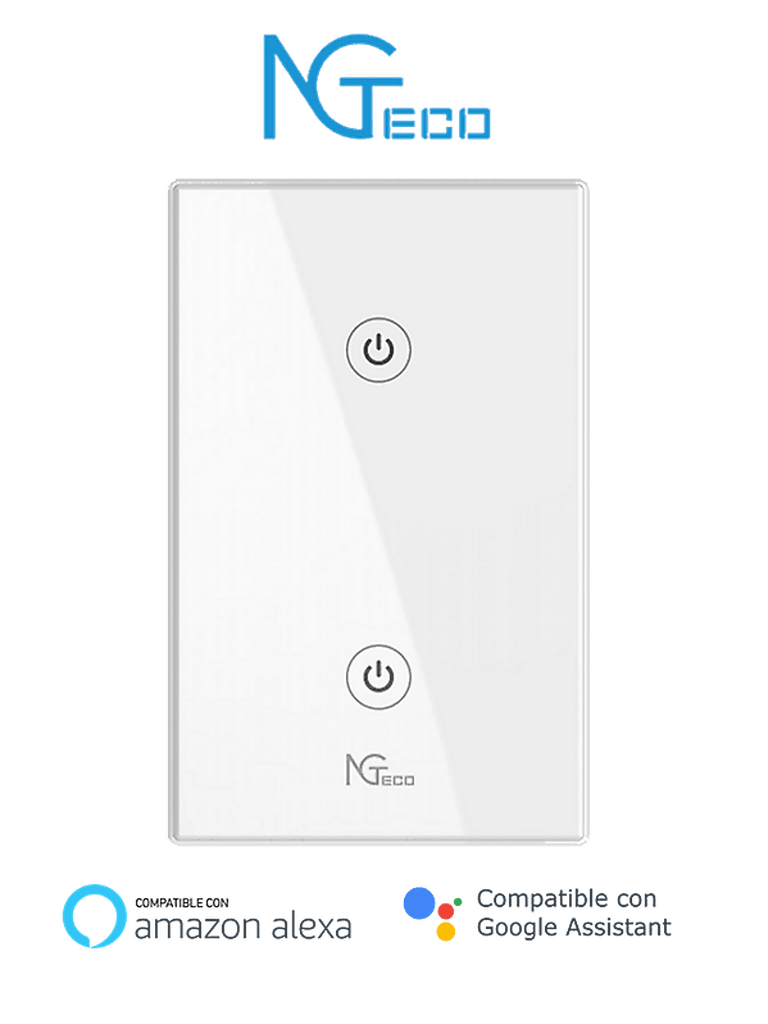 Imagen de NGTECO NGS102 - Apagador Inteligente WiFi 2 Botones Touch / Control Remoto vía App / Control por Voz / Temporizador / Panel Táctil de Alta Sensibilidad / WiFI 2.4 GHz / Se requiere Cable Neutro / Compatible con Alexa y Asistente de Google