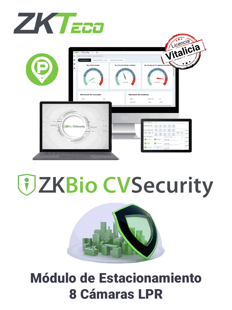 Imagen de ZKTECO ZKBIOCVPARKLPR8 - Modulo Vitalicio de acceso por placas vehiculares para BioCVSecurity / 30 000 Usuarios / 2000 Áreas / 2000 Departamentos / Soporta 8 Cámaras LPR