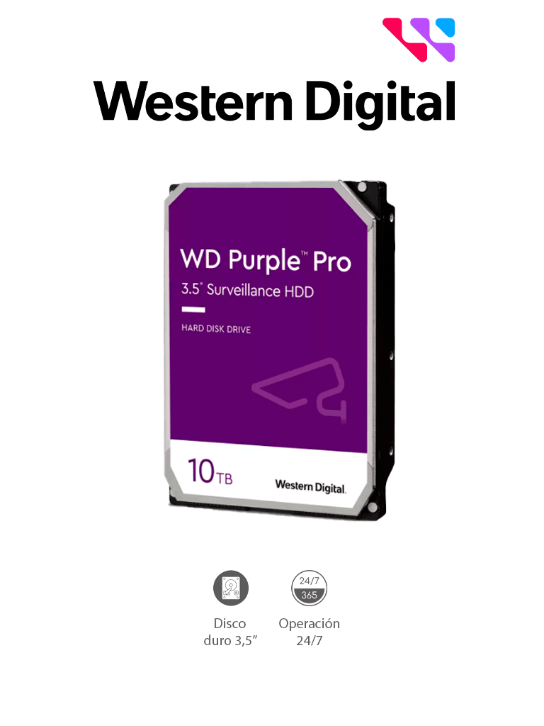 Imagen de WESTERN WD101PURP- Disco Duro de 10TB Purple PRO/ Especial para Videovigilancia con IA/ Tecnología IA AllFrame/ Interface: Sata 6 Gb/s/ Cache 256 MB/ Hasta 64 Cámaras/ 32 Secuencias de IA para Análisis de Aprendizaje Profundo/