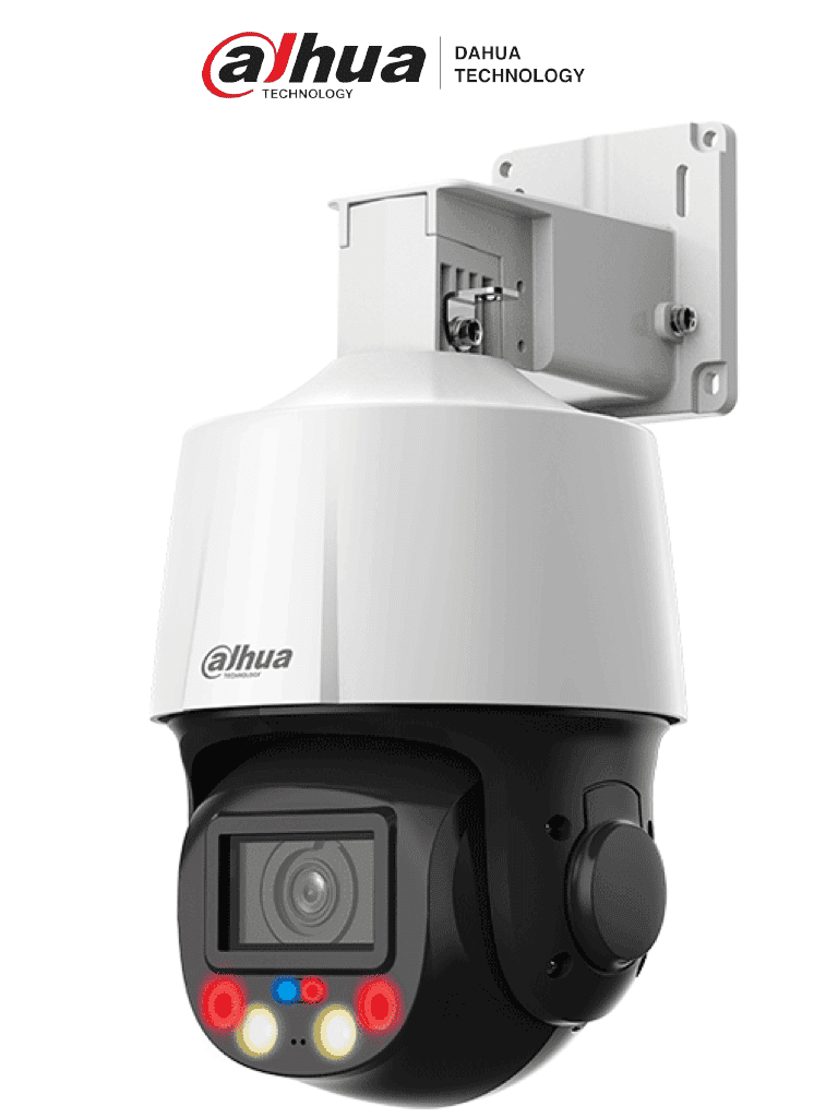 Imagen de DAHUA SD3E405DB-GNY-A-PV1 - Camara IP PTZ de 4 MP TiOC de 5x de Zoom Optico/ Iluminación Dual Inteligente/ Disuasión Activa con Luz Roja y Azul/ IR de 50 Metros/ Micrófono y Altavoz Integrado/ Audio 2 Vías/ Ranura para MicroSD/ IP66/ PoE