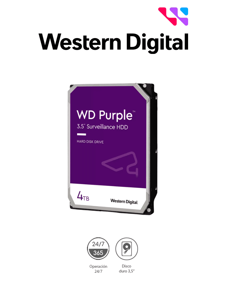 Imagen de WESTERN DIGITAL WD43PURZ -  Disco Duro de 4TB Purple/ Especial para Videovigilancia/ Trabajo 24/7/ Interface: Sata 6 Gb/s/ Hasta 64 Cámaras/ Hasta 16 Bahías de Discos Duros/ 180Mb/S /3 Años de Garantía