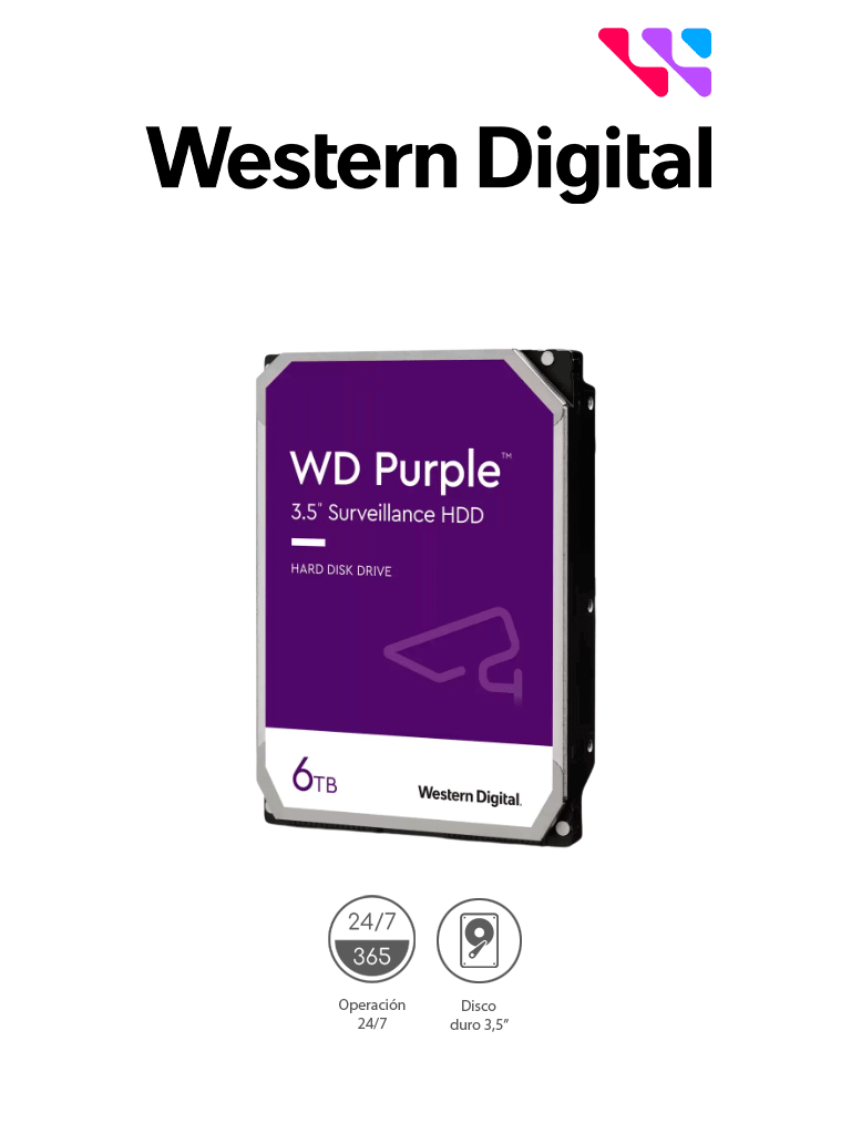 Imagen de WESTERN DIGITAL WD64PURZ - Disco Duro de 6 TB Purple/ Especial para Videovigilancia/ Trabajo 24/7/ Interface: Sata 6 Gb/s/ Cache 256 MB/ Hasta 64 Cámaras/ Hasta 16 Bahías de Discos Duros/ 3 Años de Garantía/