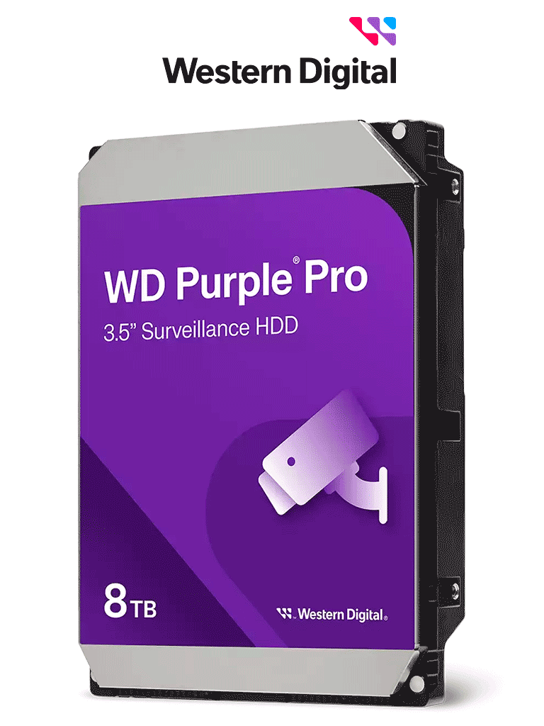 Imagen de WESTERN DIGITAL WD8002PURP - Disco Duro de 8TB Purple PRO / Especial para Videovigilancia con IA / Tecnología IA AllFrame/ Interface: Sata 6 Gb/s/ Cache 256 MB/ Hasta 64 Cámaras/ 32 Secuencias de IA para Análisis de Aprendizaje Profundo