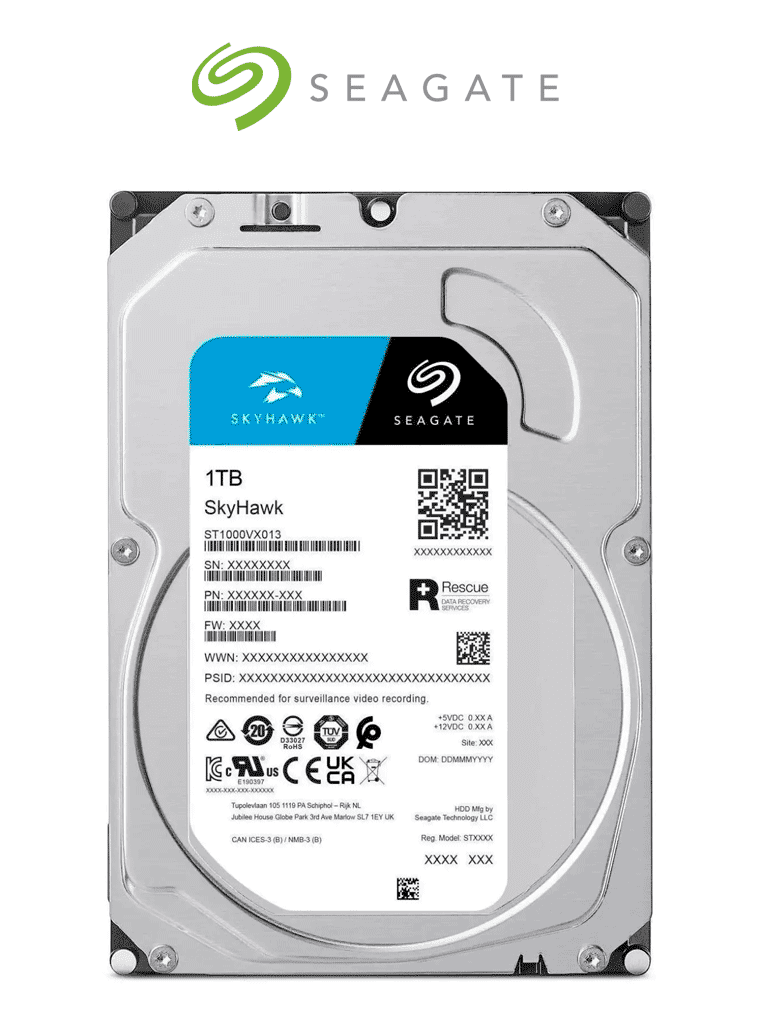 Imagen de SEAGATE ST1000VX013 - Disco Duro de 1TB serie SkyHawk 3.5" / SATA III / 6Gbit/s / 6400 RPM / 256 MB Caché