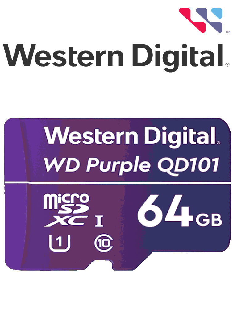 Imagen de WESTERN WDD064G1P0C- Memoria de 64GB Micro SDXC/ Linea Purple/ Clase 10 U1/ Lectura 50MB/ Escritura 40MB/ Especializada para Videovigilancia