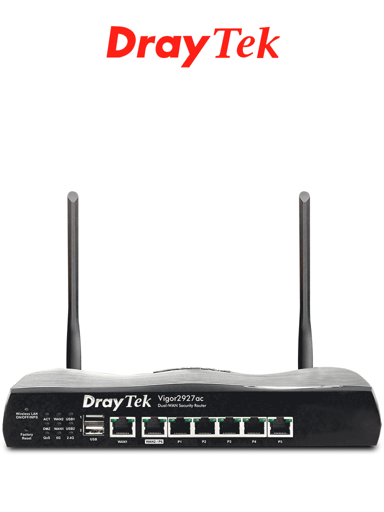 Imagen de DRAYTEK VIGOR2927AC- Ruteador Inalámbrico Multi WAN con 1 puerto WAN GE RJ45, 1 puerto intercambiable LAN & WAN, 5 puertos LAN GE, 50 VPN, 2 puertos USB y WiFi AC hasta 1733 Mbps