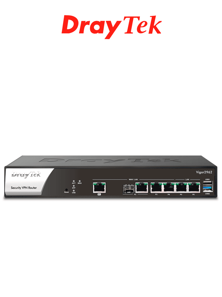 Imagen de DrayTek VIGOR2962- Ruteador Multi-WAN Balanceador para PyMEs, hasta 200 túneles VPN, 1 puerto WAN 2.5GB, 1 combo SFP & RJ45 WAN, 2 puertos LAN & WAN GE, 2 LAN RJ45 GE, con filtrado web