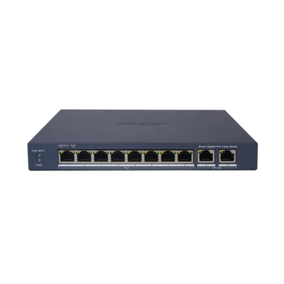 Switch Gigabit PoE+ / Administrable / 8 Puertos 1000 Mbps PoE+ / 2 Puertos 1000 Mbps de Uplink / Configuración Nube Hik-PartnerPro / Modo Extendido hasta 300 Metros / 60 W