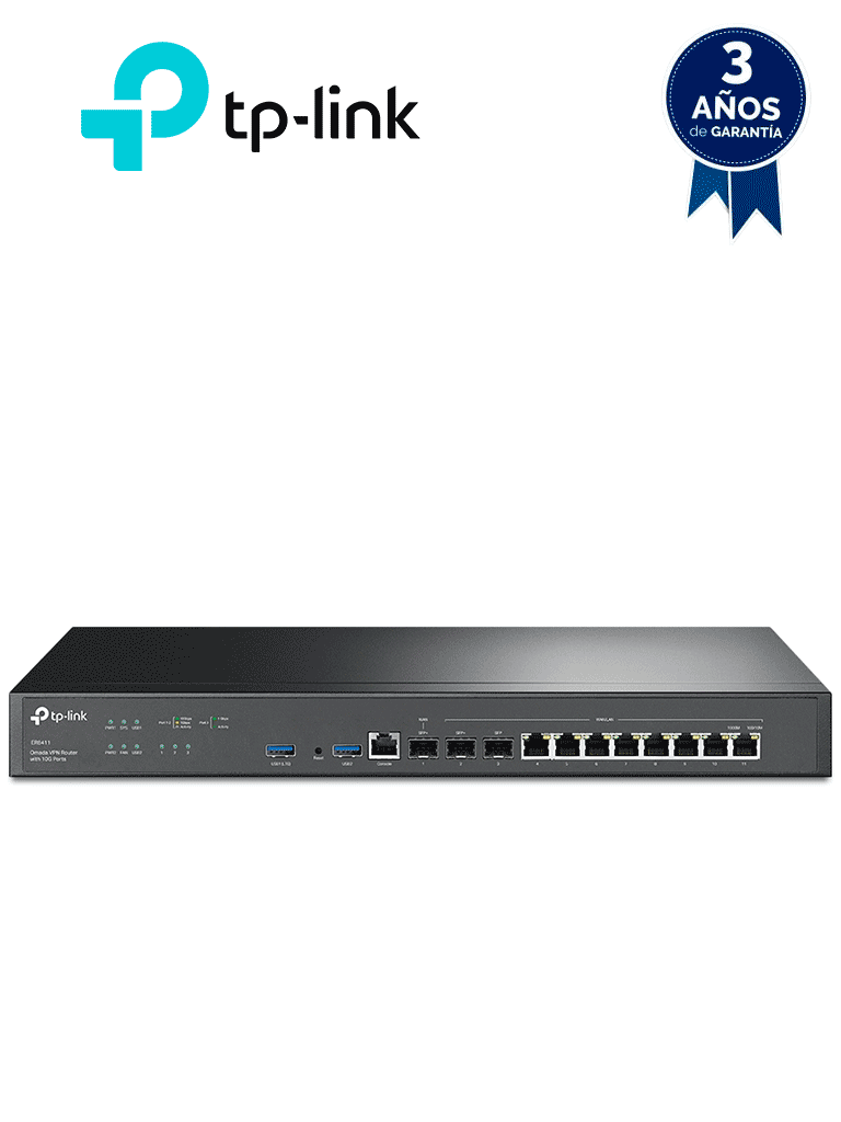 Imagen de TP-LINK  ER8411 - Router VPN Omada, 1 puerto WAN 10G SFP+, 1 puerto WAN/LAN 10G SFP+, 1 puerto WAN/LAN 1G SFP+, 8 puertos WAN/LAN GE, ZTP, Administracion Centralizada, Secure VPN, Firewall potente, Filtrado de IP/MAC/URL, enlace IP-MAC