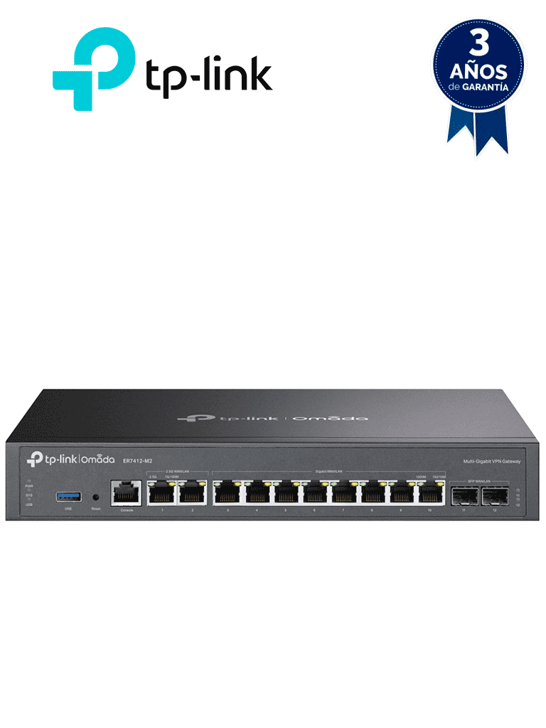 Imagen de TP-LINK ER7412-M2  - Router VPN Omada Multi-Gigabit , 2 puertos WAN/LAN a 2.5G , 10 puertos Gigabit WAN/LAN (2× SFP, 8× RJ45) , Balanceo de carga hasta 11 puertos WAN , Gestión centralizada en la nube a través de la web o de la aplicación Omada.