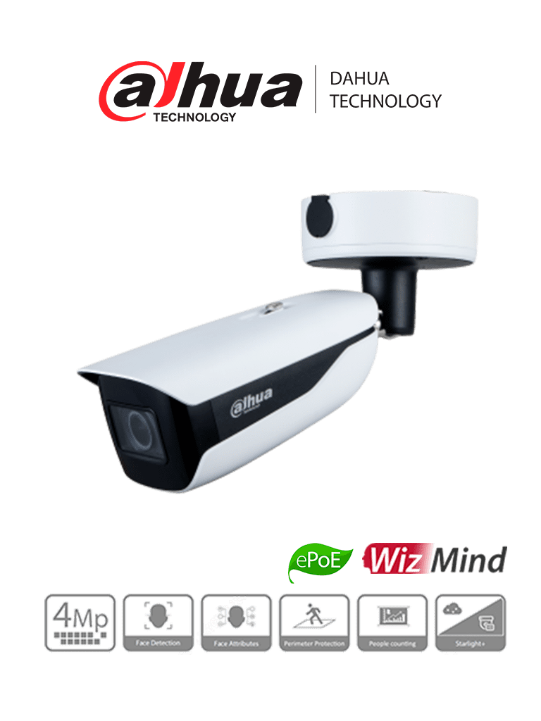 Imagen de DAHUA IPC-HFW5442HN-ZHE - Cámara IP Bullet Resolución de 4 MP/ Lente Mot. 2.7 a 12mm/ ∢ 107°-44°/ IR 60 mts/ IA WizMind/ Detección Facial/ Protección Perimetral/ Conteo de Personas/ Starlight/ ePoE/ WDR 140dB/ H.265+/ IP67/ IK10/ E&S Alarma/ E&S Audio/