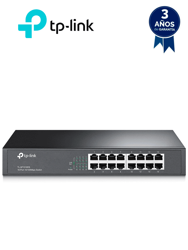 Imagen de TP-LINK TL-SF1016DS - Switch no administrable con 16 puertos Fast Ethernet, diseñado para montaje en rack o en escritorio.