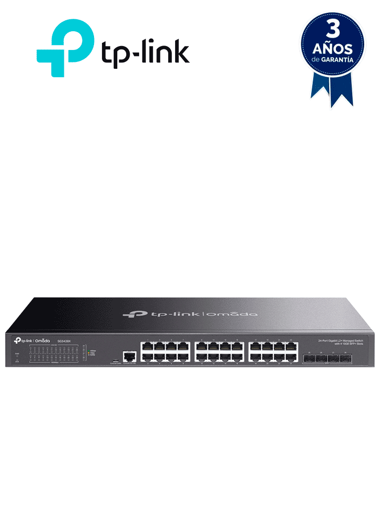 Imagen de TP-LINK TL-SG3428X - Switch Omada SDN administrable con 24 puertos Gigabit y 4 puertos SFP+, incluye funciones sFlow, QinQ y QoS, compatible con administración centralizada OMADA.