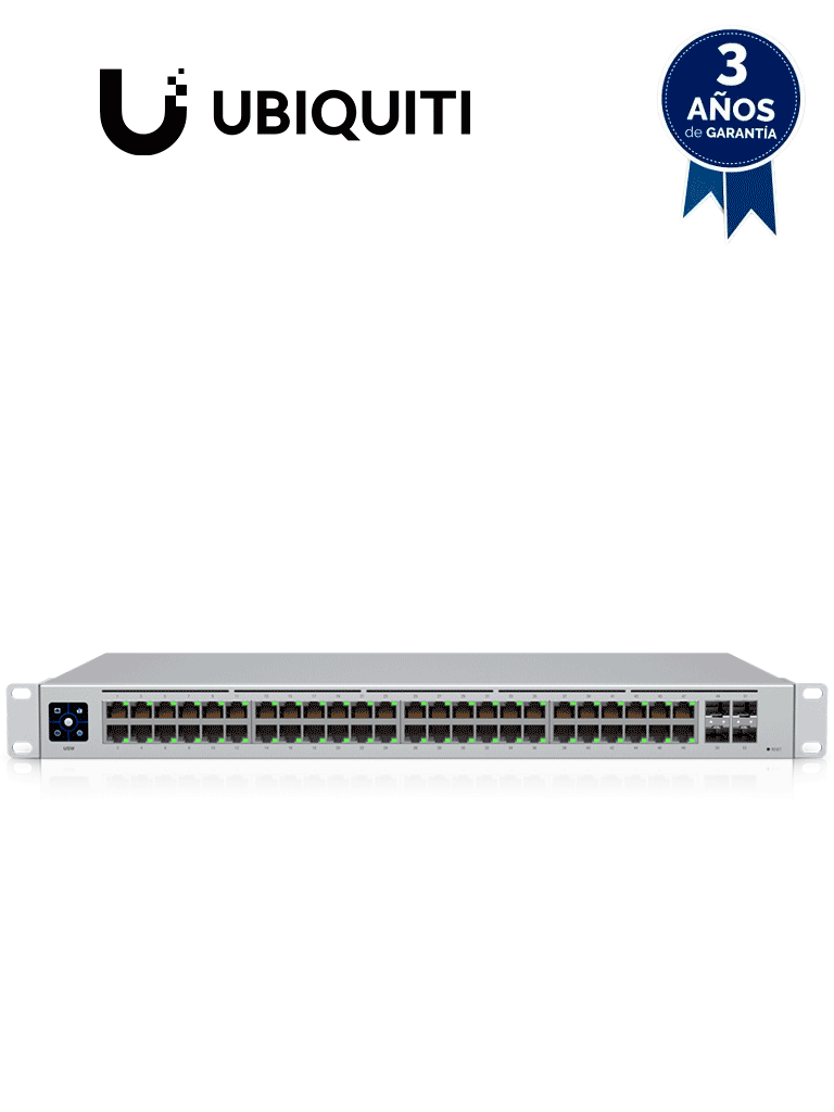 Imagen de UBIQUITI USW-48 UniFi Switch Capa 2 de 48 puertos 10/100/1000 Mbps más 4 puertos 1G SFP, con pantalla informativa.