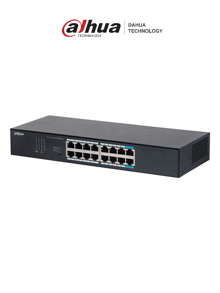 Imagen de DAHUA DH-S3016-16GT- Switch Gigabit de 16 Puertos No Administrable de capa 2, con velocidad 10/100/1000 Mbps, capacidad de conmutación de 32G, tasa de reenvío de 23.8 Mbps y protección contra descargas.