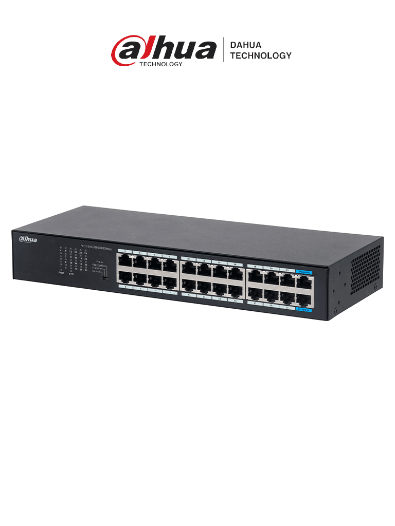 Imagen de DAHUA DH-S3024-24GT - Switch Gigabit de 24 puertos no administrable, Capa 2, Carcasa metálica, switching de 48G, tasa de reenvío de 35.7 Mbps, memoria buffer de 8.4Mb, y protección avanzada contra descargas.