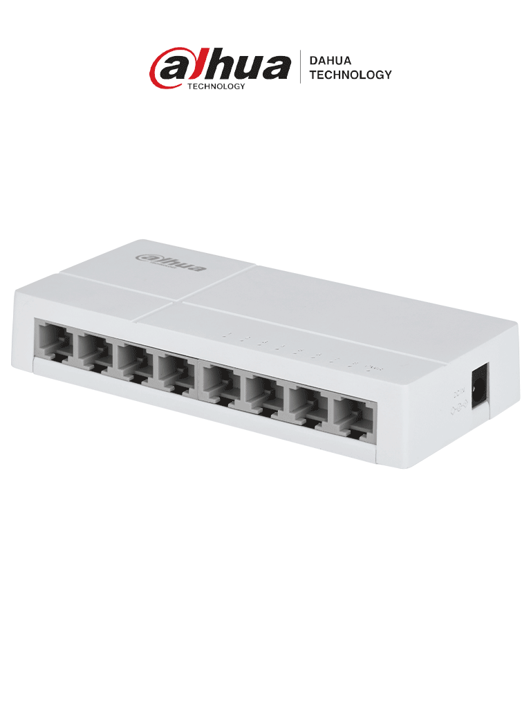 Imagen de DAHUA DH-SF1008L - Switch de Escritorio con 8 puertos Fast Ethernet (10/100 Mbps), diseño compacto de capa 2, con capacidad de switching de 1.6 Gbps y velocidad de reenvío de paquetes de 1.19 Mpps. Ideal para redes eficientes y compactas.