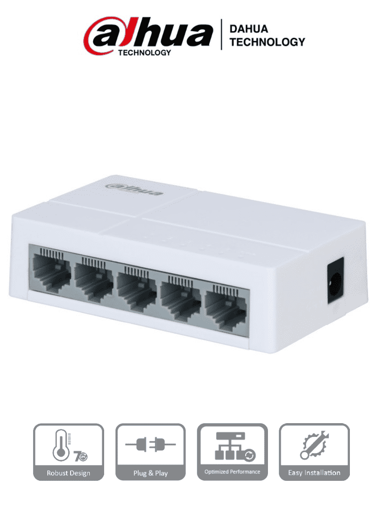 Imagen de DAHUA PFS3005-5ET-L - Switch para Escritorio 5 Puertos/ Fast Ethernet 10/100/ Diseño Compacto/ Capa 2/ Switching 1 Gbps/ Velocidad de Reenvio de Paquetes 0.744 Mbps/