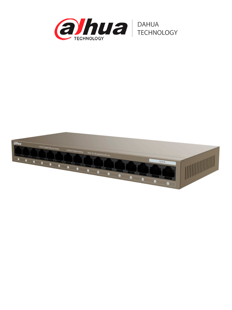 Imagen de Dahua PFS3016-16GT-M- Switch Gigabit de 16 Puertos No Administrable/ Capa 2/ 10/100/1000 Base-T/ Carcasa Metalica/ Switching 32G/ Tasa de Reenvio de Paquetes 23.8 Mbps/ Memoria Bufer de Paquetes 2Mb/ Con Proteccion de Descargas/