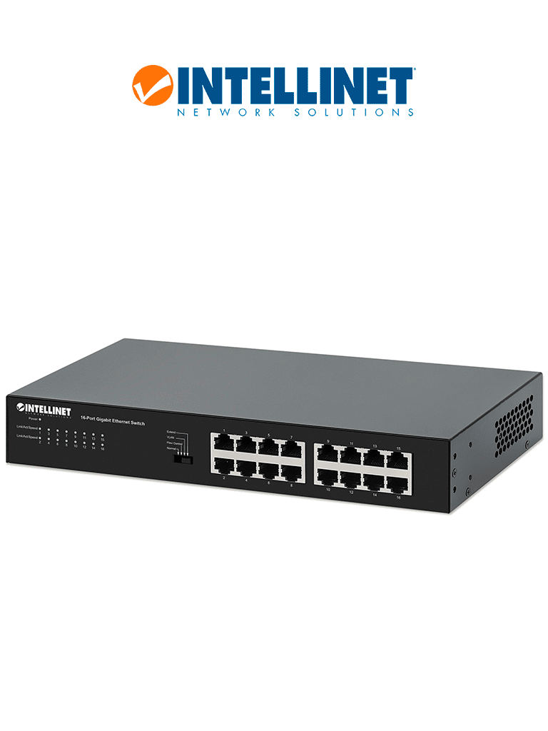 Imagen de INTELLINET 561815 - Switch Gigabit Ethernet de 16 puertos RJ45 (10/100/1000 Mbps), Green Ethernet (IEEE 802.3az), para escritorio, incluye soportes opcionales para montaje en rack de 19