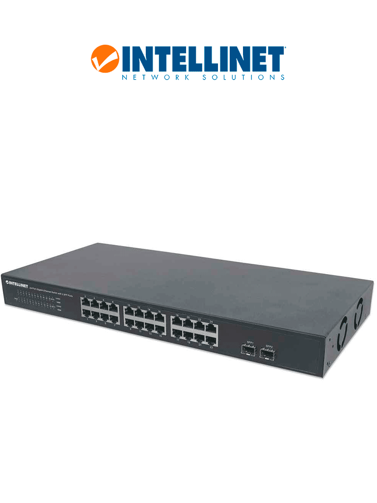 Imagen de INTELLINET 561044 - Switch de 24 puertos Gigabit Ethernet con 2 puertos SFP, 10/100/1000 Mbps RJ45, IEEE 802.3az (Energy Efficient Ethernet), para montaje en rack de 19", chasis metálico