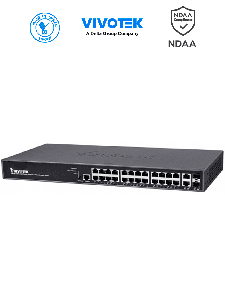 Imagen de VIVOTEK AW-GEV-264B-370 - Switch PoE Administrable con 24 puertos PoE GE RJ45, 2 puertos GE SFP, 30W por puerto, 370W Totales, VIVOCAM WEB Smart, 52Gbps y protección 6KV.