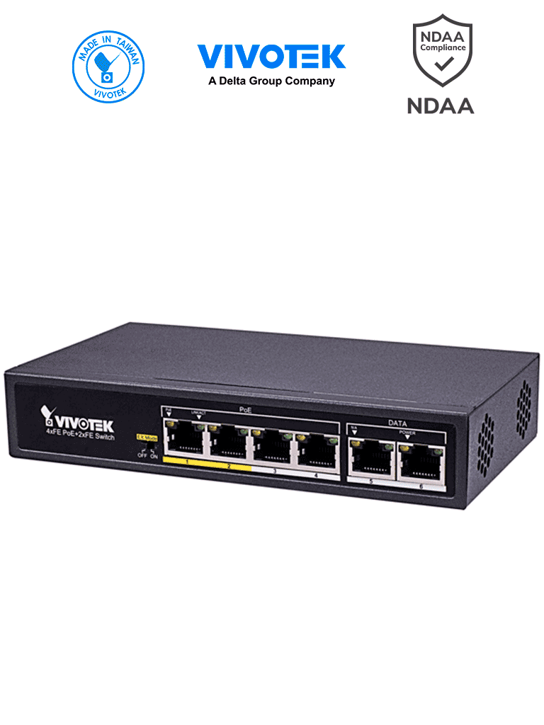 Imagen de VIVOTEK AW-FET-060C-065 - Switch PoE no administrable con 4 puertos PoE FE RJ45, 2 puertos FE RJ45, 2 puertos Modo Extendido hasta 200m, 30W por puerto, 60W totales, 1.2 Gbps y protección 4KV