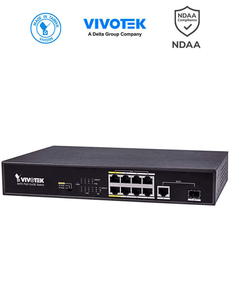 Imagen de VIVOTEK AW-FGT-100D-120 - Switch PoE no administrable con 8 puertos PoE FE RJ45, 2 puertos Combo GE RJ45/SFP, 115W totales, 30W por puerto, 2 puertos Modo Extendido hasta 250m, protección 6KV y 5.6 Gbps