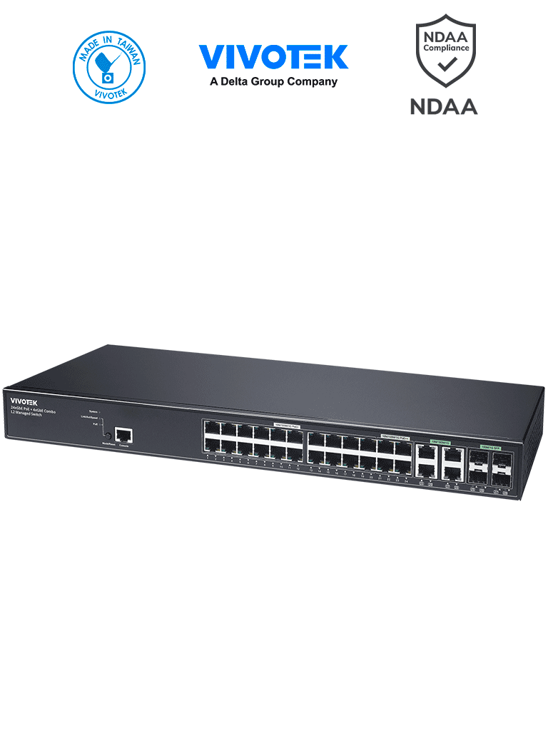 Imagen de VIVOTEK AW-GEV-288A-370 - Switch PoE Administrable 24 puertos Gigabit, 20 x GbE Poe 30W, 4x GbE Poe 90W,  4x GbE/SFP Combo, L2, VIVOCAM para Videovigilancia, 56Gbps, 370W Totales, Extended PoE, NDAA