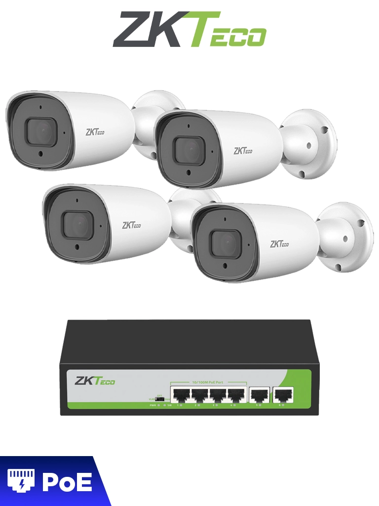 Imagen de ZKTECO POE4255CPAK - Paquete de 4 Cámaras IP Bullet Full Color 5MP BS855P12CS7CMI con Switch PoE Fast Ethernet 4 Puertos AF/AT