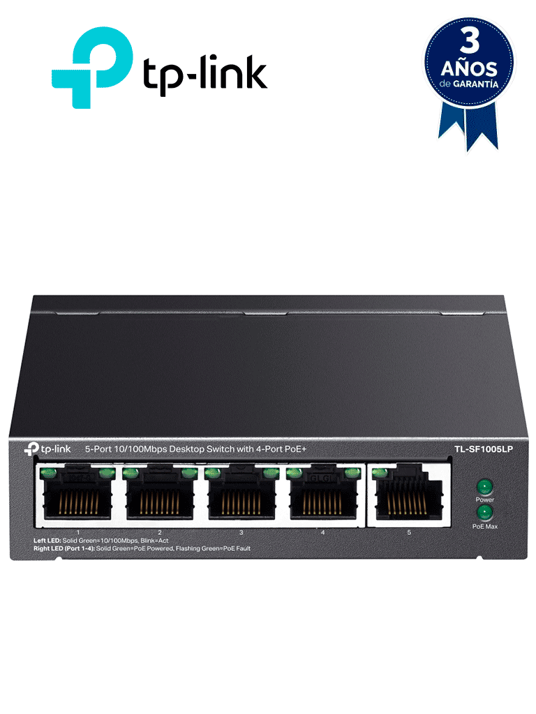 Imagen de TP-LINK TL-SF1005LP -  Switch PoE no administrable con 5 puertos Fast Ethernet, incluyendo 4 puertos PoE AF. Presupuesto PoE de hasta 41W y modo extendido para conexiones de hasta 250m.