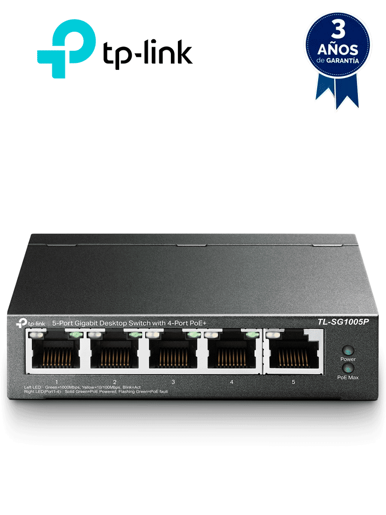 Imagen de TP-LINK TL-SG1005P - Switch Escritorio No Administrable de 5 puertos 10/100/1000 Mbps, con 4 puertos PoE 802.3af/at de hasta 65 W y PoE Extendido hasta 250 metros.