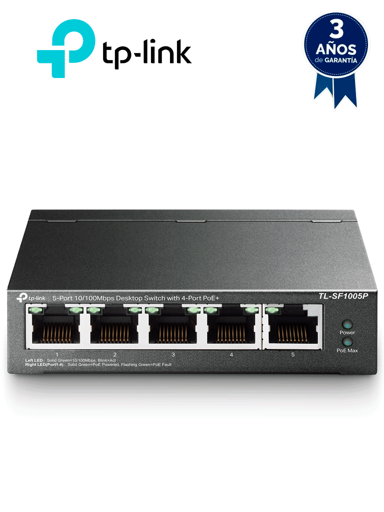 Imagen de TP-LINK TL-SF1005P - Switch PoE no administrable con 5 puertos Fast Ethernet, incluyendo 4 puertos PoE AF. Suministro PoE hasta 58W y modo extendido para conexiones de hasta 250m.