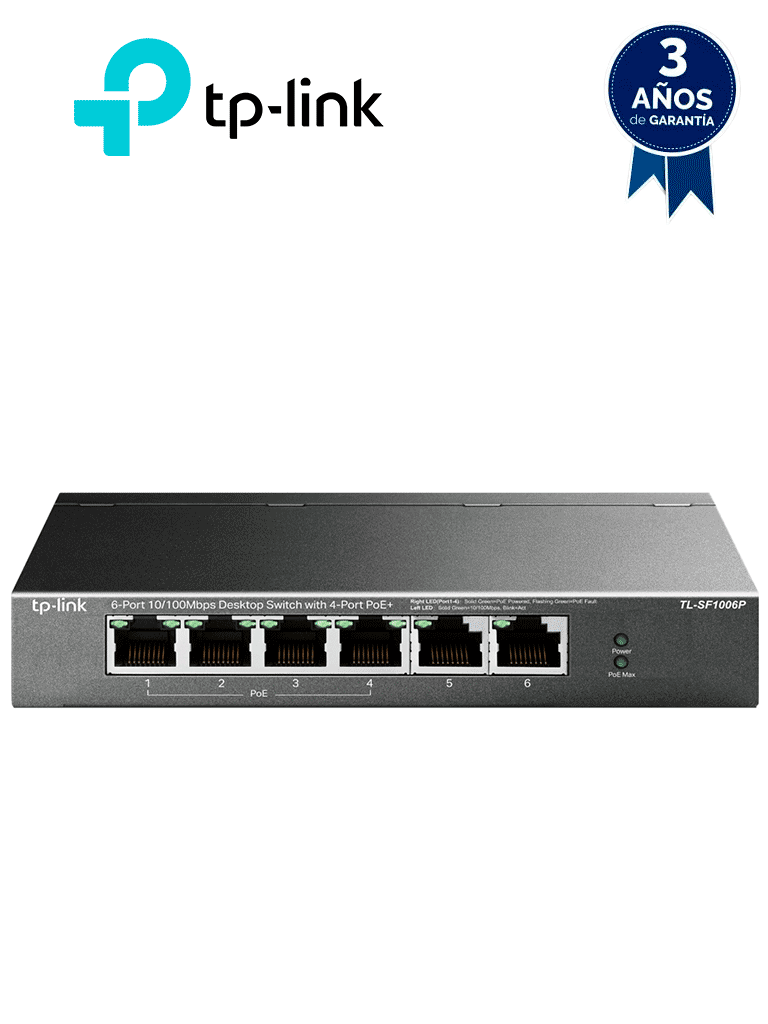 Imagen de TP-LINK TL-SF1006P -  Switch PoE no administrable con 6 puertos Fast Ethernet, incluyendo 4 puertos PoE AF y AT. Suministro PoE hasta 67W y modo extendido para conexiones de hasta 250m.