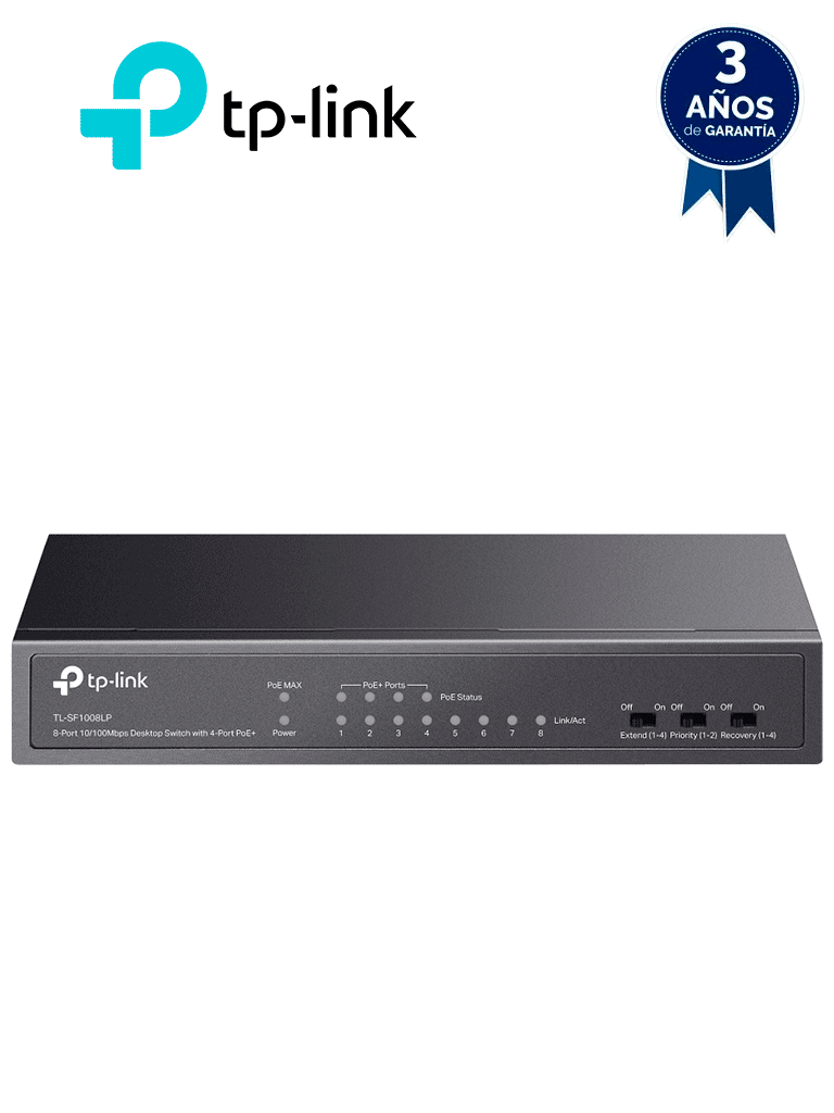 Imagen de TP-LINK TL-SF1008LP -  Switch PoE no administrable con 8 puertos Fast Ethernet, incluidos 4 puertos PoE AF. Ofrece un presupuesto PoE de hasta 41W y soporta modo extendido para conexiones de hasta 250m.