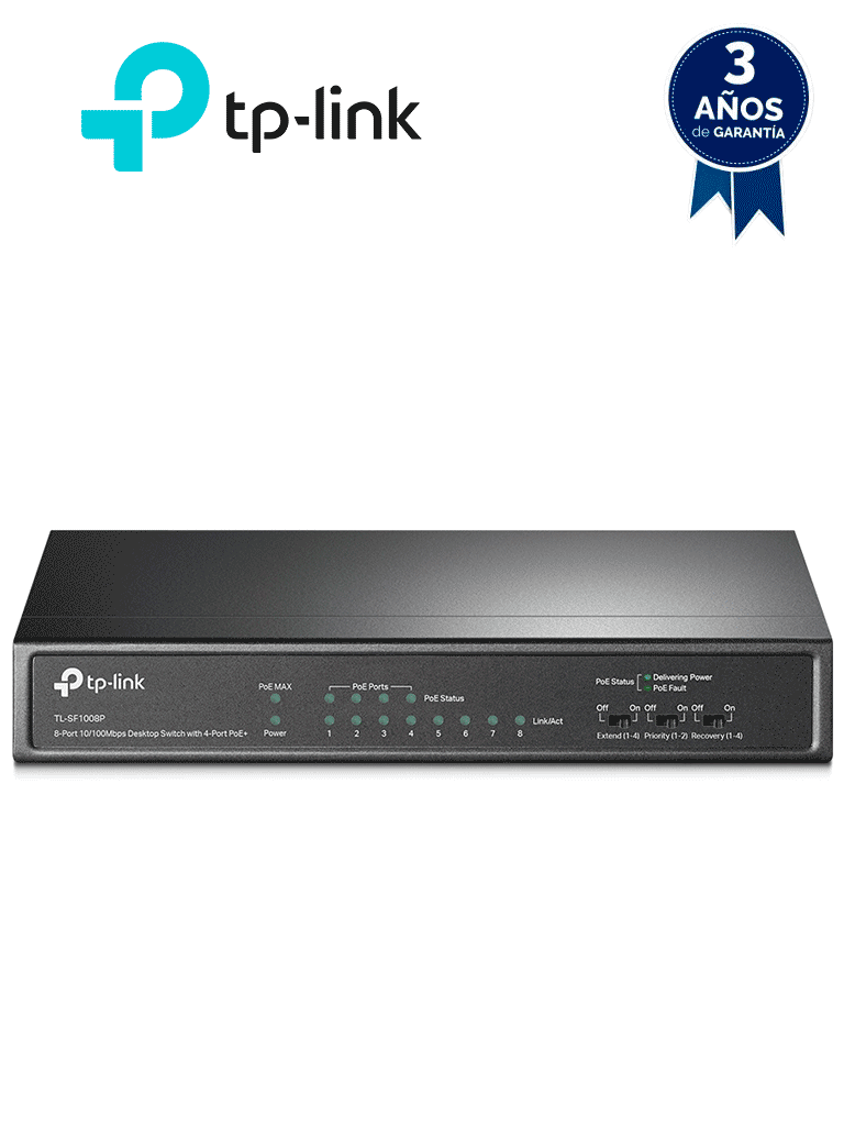 Imagen de TP-LINK TL-SF1008P -Switch PoE no administrable con 8 puertos Fast Ethernet, que incluye 4 puertos PoE AF y AT. Ofrece un presupuesto PoE de hasta 66W y soporta modo extendido para conexiones de hasta 250m de longitud.