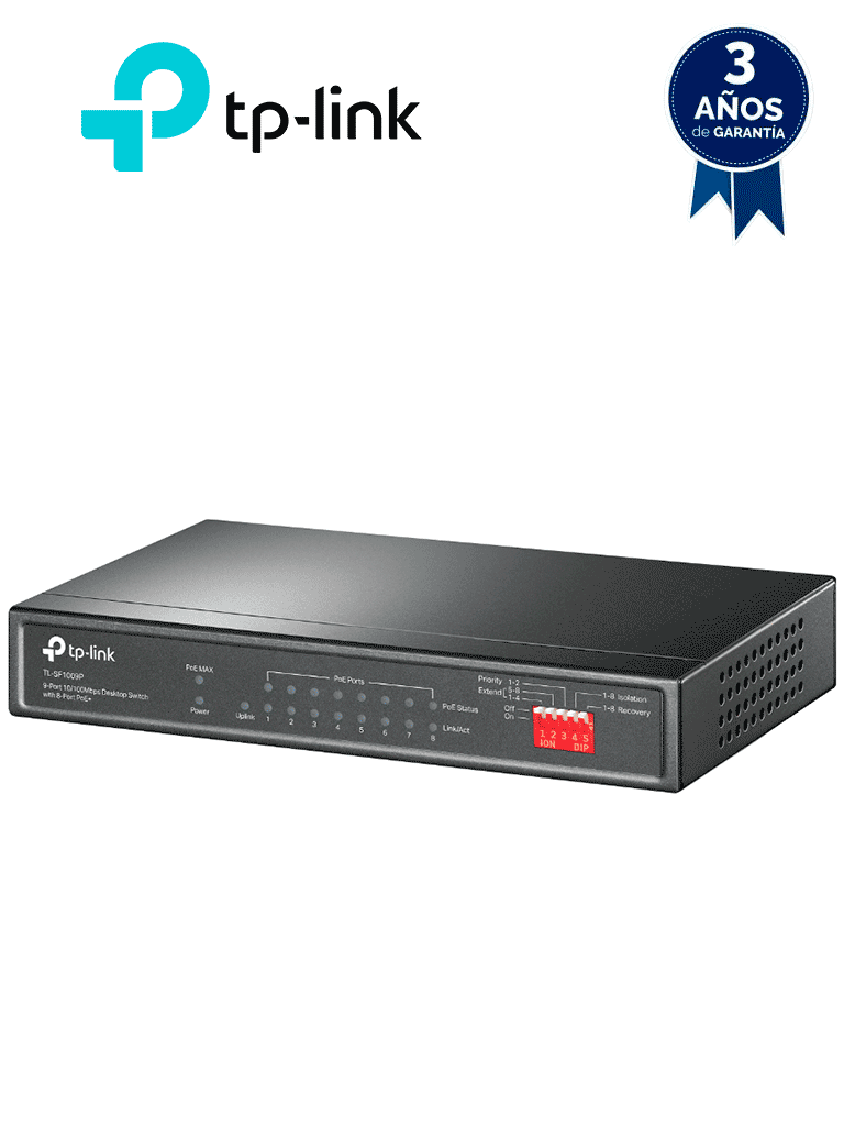 Imagen de TP-LINK TL-SF1009P - Switch PoE no administrable con 9 puertos Fast Ethernet, incluidos 8 puertos PoE AF y AT. Ofrece un presupuesto PoE de hasta 65W y soporta modo extendido para conexiones de hasta 250 metros.